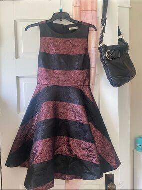 Alice + Olivia Metallic Rose and Black Striped Fit-and-Flare Formal-ish Dress